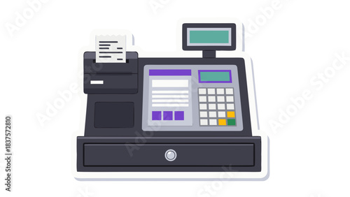 Vintage Style Cash Register With Paper Receipt And Numeric Keypad In A Flat Design With Purple Accents And A Teal Display Screen