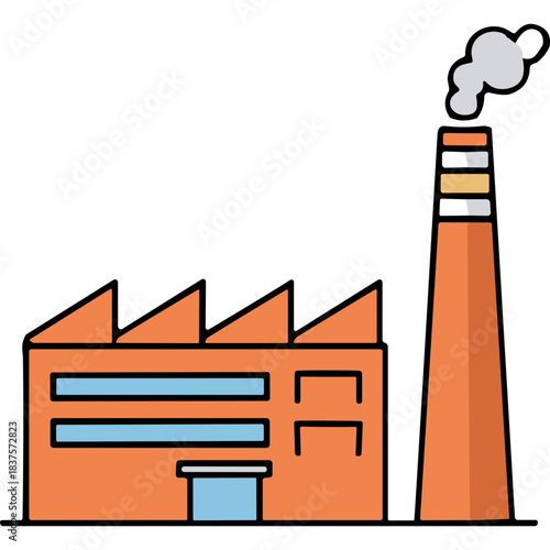 Industrial Factory Building with Tall Chimney Emitting Smoke Against a Black Background Simple Flat Design Orange and Blue Building with White Smoke