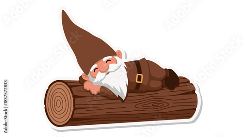 Whimsical cartoon gnome with a brown pointed hat and beard sleeping peacefully on a rustic wooden log with a simple brown background and white border