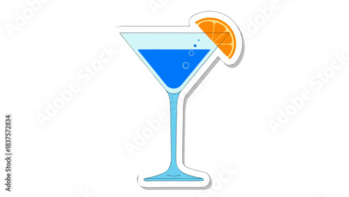Vibrant Blue Cocktail Garnished with a Fresh Orange Slice in a Martini Glass with a Subtle Outline and Shadow on a Transparent Background