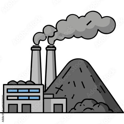 Industrial Factory Emitting Smoke Near Large Pile of Coal Under a Gray Sky Environmental Pollution Concept