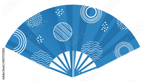Vibrant Blue Japanese Hand Fan Adorned with White Abstract Circles and Wave Patterns on a Dark Background Traditional Cultural Accessory for Summer Coolness and Elegant Decor Detailed Festive Design