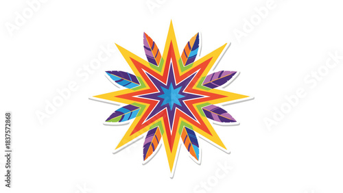 Vibrant Geometric Starburst Pattern with Colorful Feather Accents on Black Background Abstract Digital Art Festive Celebration Element