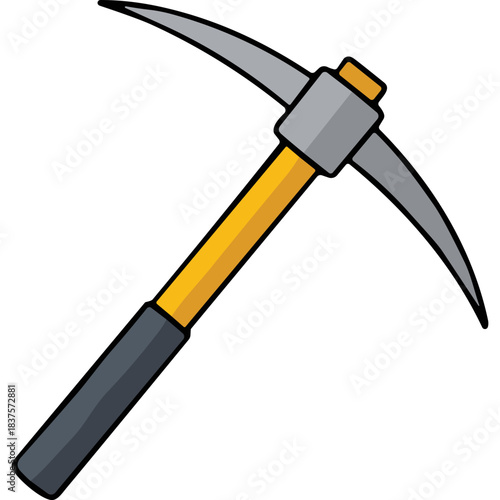 Industrial mining pickaxe tool with yellow handle and gray metal head isolated on black background vector illustration for construction and exploration themes