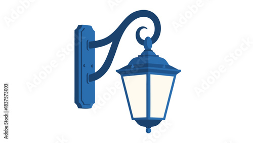 Vintage Blue Outdoor Wall Lantern with Lit Illuminating Glass Panels Mounted on a Textured Wall