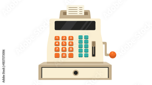 Vintage Cash Register With Paper Roll And Orange Crank Handle On Black Background Retro Style Illustration