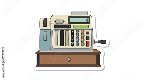 Vintage Cash Register With Drawer And Numeric Keypad On A Black Background Flat Design Style