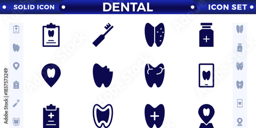 Dental solid icon collection. Related to tooth, dentist, toothpaste, toothbrush, teeth, implant, and dentistry icons. Solid icon set.