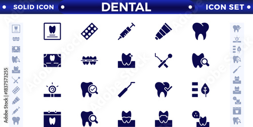 Dental solid icon collection. Related to tooth, dentist, toothpaste, toothbrush, teeth, implant, and dentistry icons. Solid icon set.