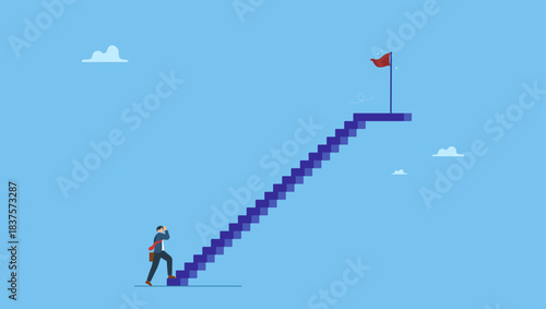 Businessman start or begin step up stair to success to reach goal. Start business to success, entrepreneur initiate opportunity to win, prepare to begin, progress or growing to reach goal challenge.