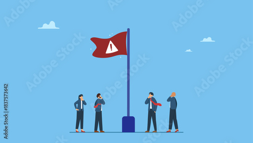 Business people pay attention to red flag warning sign aware of threat. Red flag warning, something wrong, false or mistaken indicator, alarm or alert to attention, risk of illegal or incorrect error.