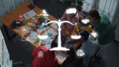 Quadro su tela A diverse team gathers around a table, engaging in collaboration to analyze concepts of justice and innovation, emphasizing ethical decision-making in a modern workplace