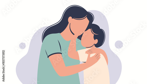 Tender moment as mother embraces child in loving hug, perfect for heartwarming family stories and nurturing childhood themes. A vector illustration.
