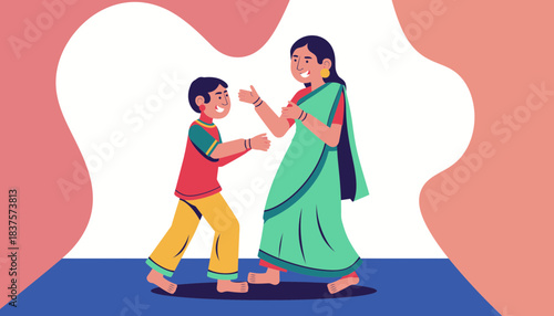 Joyful mother and son celebrating a special day, embodying family traditions and cultural heritage with love and happiness in a vibrant Indian setting