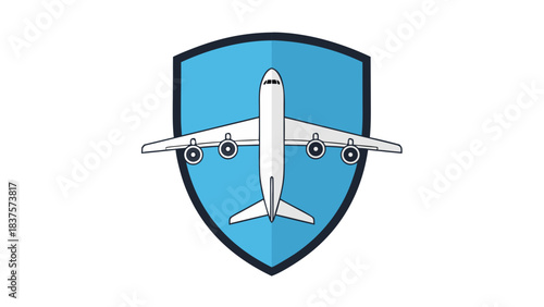 White Passenger Jet Airplane Silhouette Over Blue Shield Symbol Representing Aviation Security and Air Travel Protection on a Black Background Clean Graphic Design