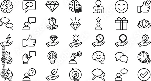 Mindset creativity motivation ideas thinking icons set with brain inspiration hand symbols wellness communication productivity outline vector collection