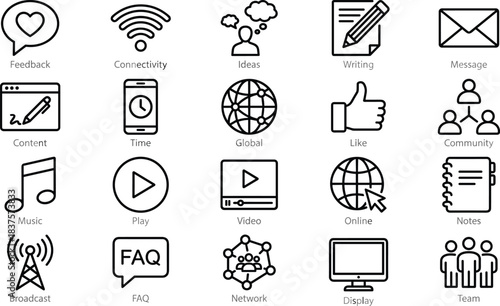 Minimal communication and technology icons set with global connection, feedback, media, writing, teamwork, online network symbols in clean outline design