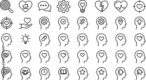 Mental health and wellness outline icon set featuring heart symbols, psychology concepts, emotional care, cognitive support, therapy, motivation, and mindfulness graphics