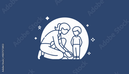 Loving mother lovingly tying her child's shoelaces with care, expressing family support and affection in a modern, stylized icon with a sparkling background