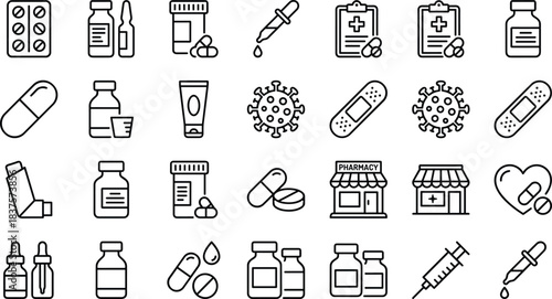 Medical medicine pharmacy outline icon set with pills syringes vials capsules virus symbols healthcare treatment equipment for vector illustration