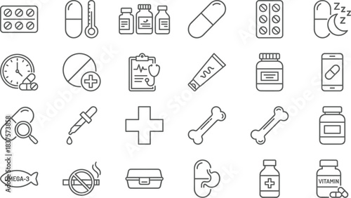 Medical healthcare line icons featuring medicine pills, vitamins, supplements, treatment tools, diagnostics, pharmacy elements, wellness symbols, and clinical equipment graphics