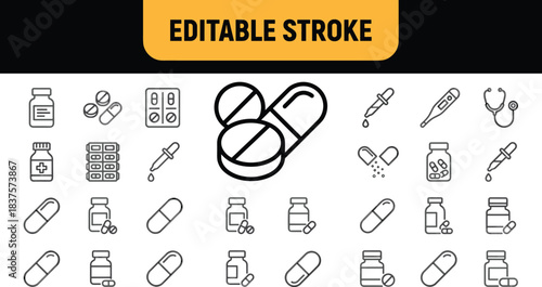 Medical drug and healthcare medicine icon set with pills, syringes, bottles, tablets, and treatment symbols in clean editable stroke style