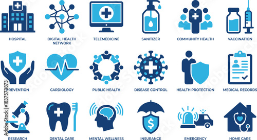 Medical and healthcare icon set featuring hospital, telemedicine, vaccination, prevention, cardiology, disease control, research, emergency services, insurance, mental wellness, and home care symbols