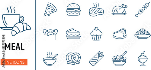 Meal and food line icons set featuring breakfast, snacks, fast food, desserts, beverages, bakery items, restaurant menu symbols illustration