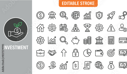 Investment and finance line icon collection featuring money growth, business strategy, economic planning, financial security, editable stroke symbols for professional design projects