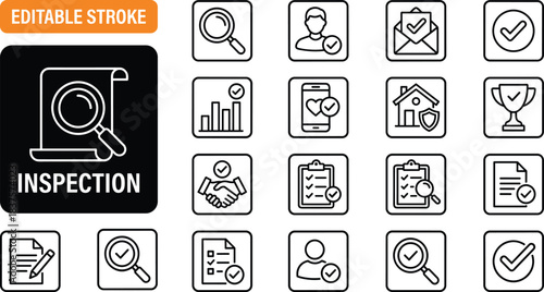 Inspection and verification icon set with checklist, magnifying glass, approval symbols, audit elements, quality control graphics in clean editable stroke style