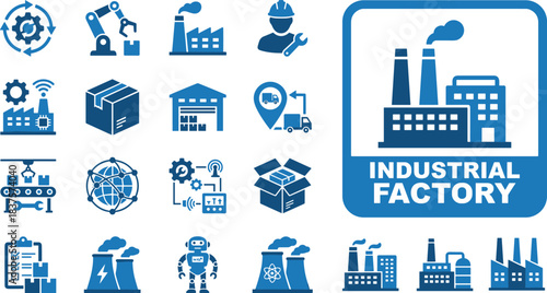 Industrial factory icons set illustrating manufacturing, automation, logistics, robotics, production processes, smart industry technology, warehouse management, supply chain 