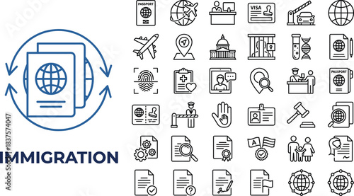 Immigration icons collection featuring passport symbols, visa documents, border security, travel approval, global migration process graphics, legal identification and entry control