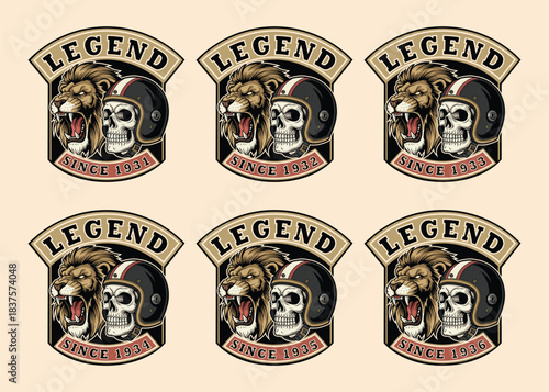 Vintage motorcycle club logo designs featuring a roaring lion, skull with helmet, and customizable year for a classic, timeless feel for apparel and branding