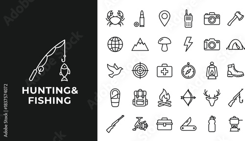 Hunting and fishing outdoor adventure icons featuring camping gear, wildlife elements, survival tools, navigation symbols, fishing equipment, and nature exploration graphics