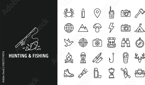 Hunting and fishing outdoor adventure icon set with camping gear, wildlife symbols, survival tools, navigation elements, fishing equipment, and nature illustrations