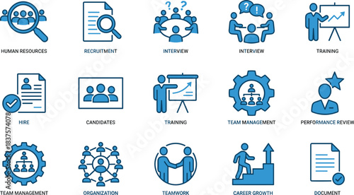 Human resources and recruitment icons set illustrating hiring process, job interview, team management, training, career growth, organizational development, performance review elements