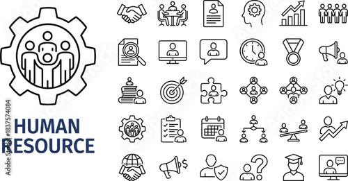 Human resource management line icon set for recruitment, teamwork, employee training, performance evaluation, leadership, communication, workflow, and corporate business development