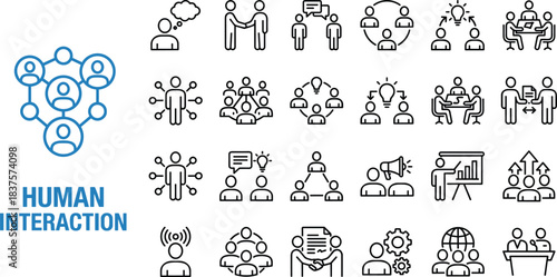 Human interaction line icons collection, communication teamwork symbols, collaboration concept illustrations, social connection graphics, business people interaction and brainstorming elements