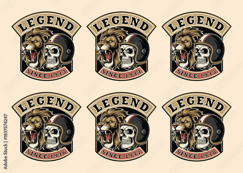 Naklejka premium Vintage Legend Logo Collection with Lion, Skull, and Helmet Badges for Motorcycle Clubs and Custom Apparel Design, Celebrating Timeless Style