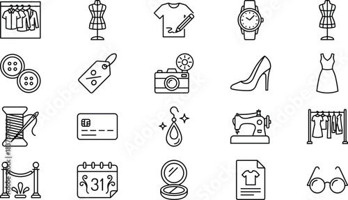 Fashion and clothing line icons collection with editable stroke featuring apparel, accessories, sewing tools, shopping elements, boutique symbols, and style design illustrations