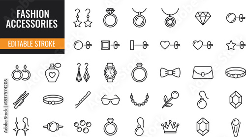 Fashion accessories line icon collection with jewelry symbols, earrings, rings, necklaces, handbags, beauty elements, stylish outline vector editable stroke set