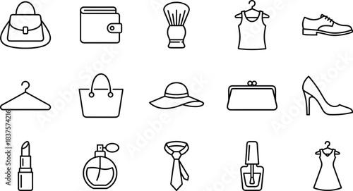 Fashion accessories and clothing outline icons collection featuring bags, shoes, cosmetics, garments, hangers, and beauty items in minimal line style illustration