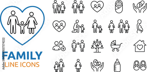 Family line icons collection showing parents, children, newborn, pregnancy, parenting care, love, home and baby elements in modern outline style