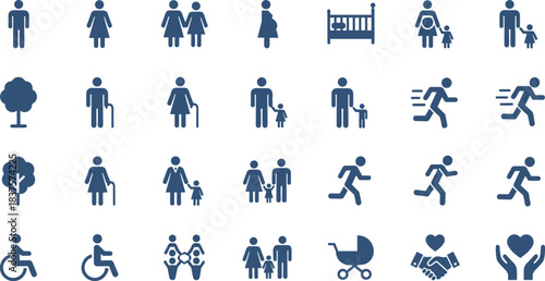 Family and people icons set illustrating parents, children, seniors, pregnancy, disability, running figures, community support, childcare and human lifestyle symbols