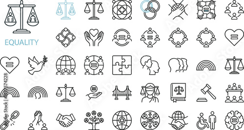 Equality and diversity icons set representing justice balance, human rights, inclusion, unity, fairness, social harmony, and global community support concepts