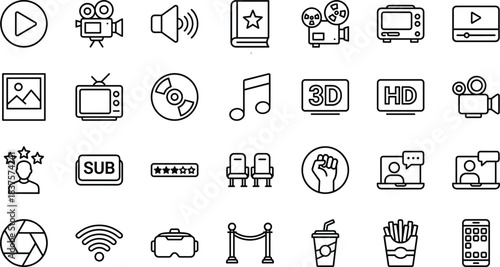 Entertainment and multimedia icon set featuring movies, music, video playback, ratings, cinema elements, digital streaming symbols, modern outline graphic style