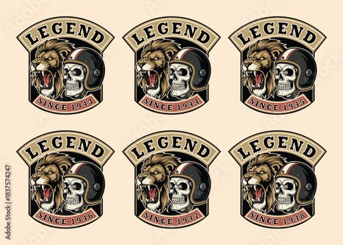 Vintage Legend Logo Collection with Lion, Skull, and Helmet Badges for Motorcycle Clubs and Custom Apparel Design, Celebrating Timeless Style