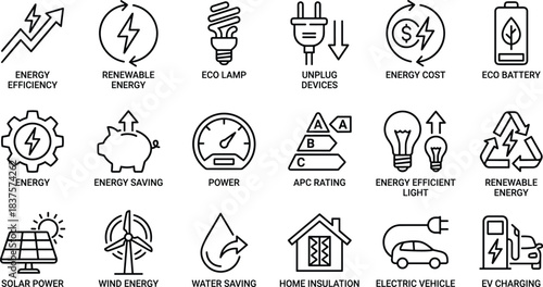 Energy efficiency and renewable energy line icons set for eco power, sustainability, green technology, electric vehicles, solar and wind resources