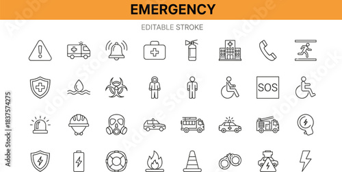 Emergency safety line icons collection featuring rescue, medical help, ambulance, fire response, hazard alert, disaster management, editable stroke design set