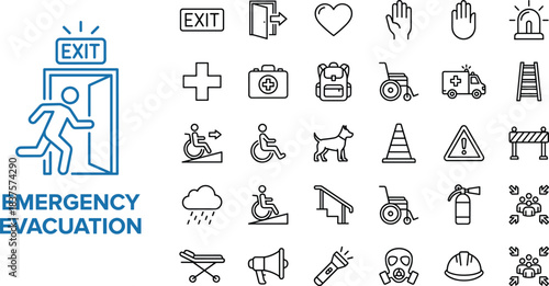 Emergency evacuation icons set featuring exit signs, safety symbols, rescue equipment, accessibility elements, warning signs, and emergency response illustrations for safety guidelines
